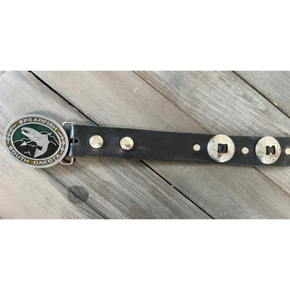 Vintage Concho Belt with South‎ Dakota Trout Belt Hit Line USA Black Leather 44